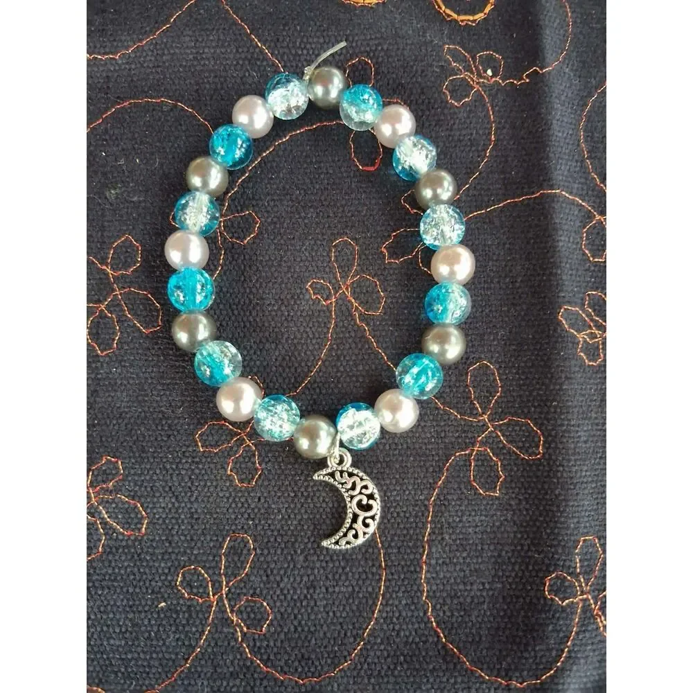 # OOAK Handmade Crescent Moon Bracelet Aqua Crackle Glass Faux Pearl Celestial